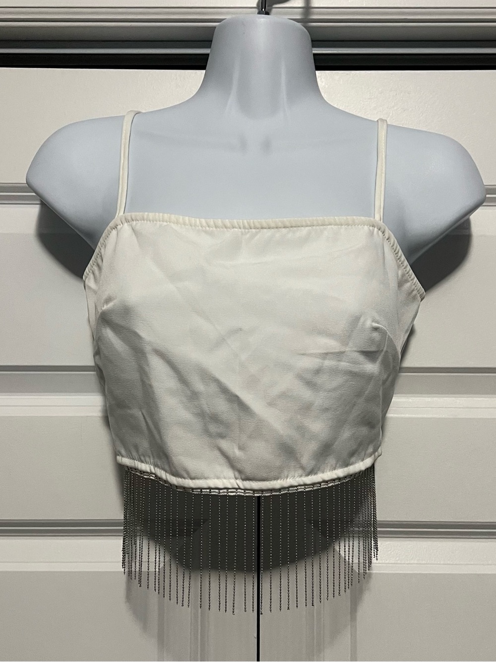 Shein White Crop Top with Silver Chain Fringe